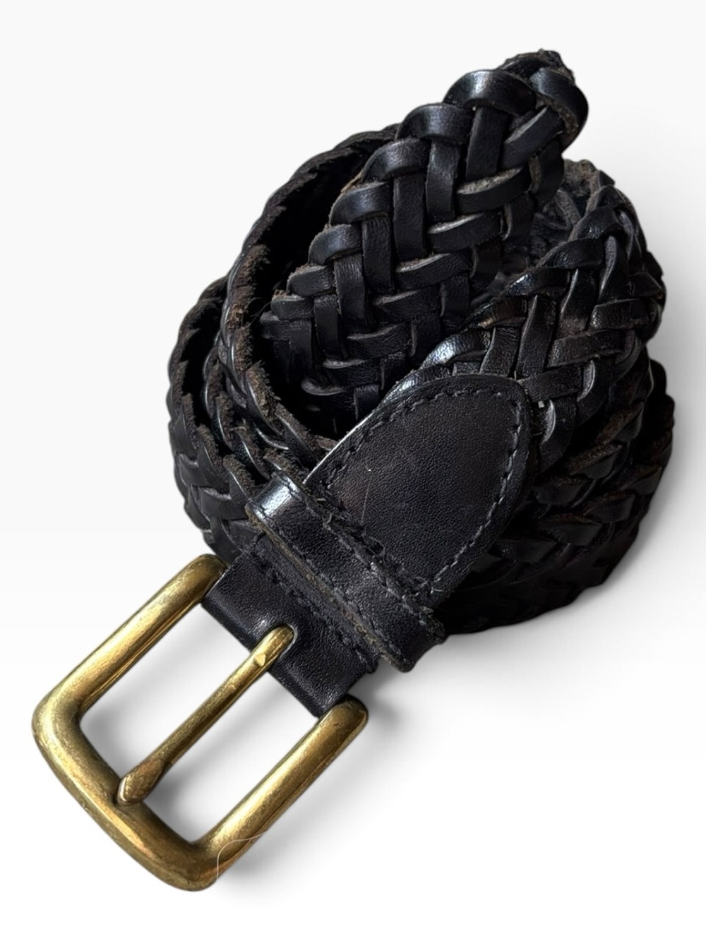 Women’s Classic Woven Leather Belt Black Size 36 Solid Brass Buckle Unisex